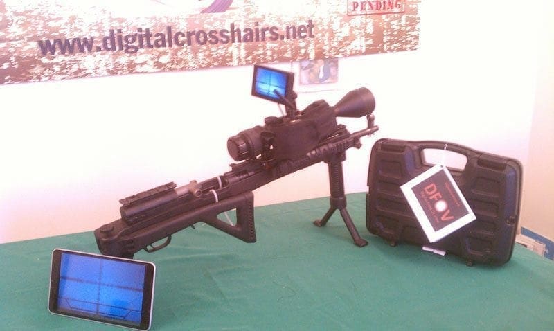 Digital Crosshairs mounted on a gun with the WiFi smart phone App. The first picture shows the crosshairs of the scope mounted on an SKS transmitted to an Android tablet.