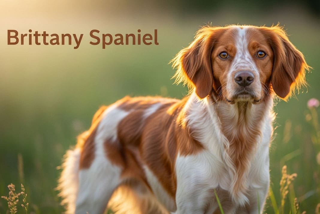 A compact orange and white Brittany dog locked on a staunch point in a thick sagebrush field.