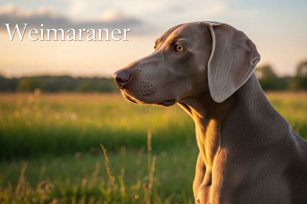 A silver-gray Weimaraner standing alert and focused in a dormant winter field with a hunter in the background.
