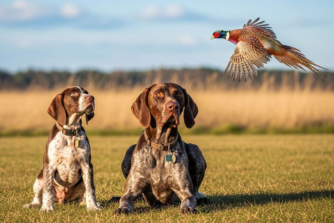 A hunter kneeling in the grass training a young Pointer puppy to hold a point.