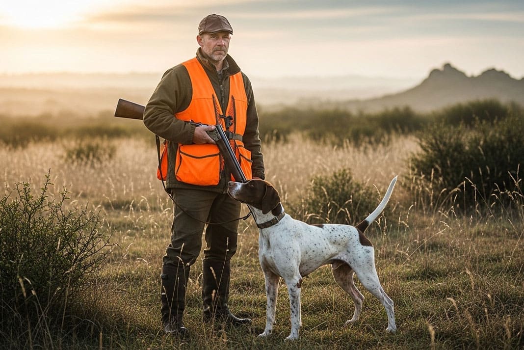 A bird hunter carrying a shotgun walking alongside an English Pointer on a scent in a quail field.