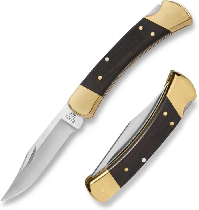 Buck Knives 110 Folding Hunter Knife, 3 Blade, Lockback Design, Ebony Handle, Brass Bolsters, 420HC Stainless Steel Clip Point Blade, Sheath Included, Hunting Knife Made in the USA