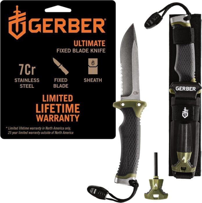 Gerber Gear Ultimate Survival Knife, Fixed Blade Knife with Combo Edge, includes Fire Starter Edge and Ferro Rod, Whistle, Sheath with Integrated Sharpener Bushcraft, Hunting and Camping Tool