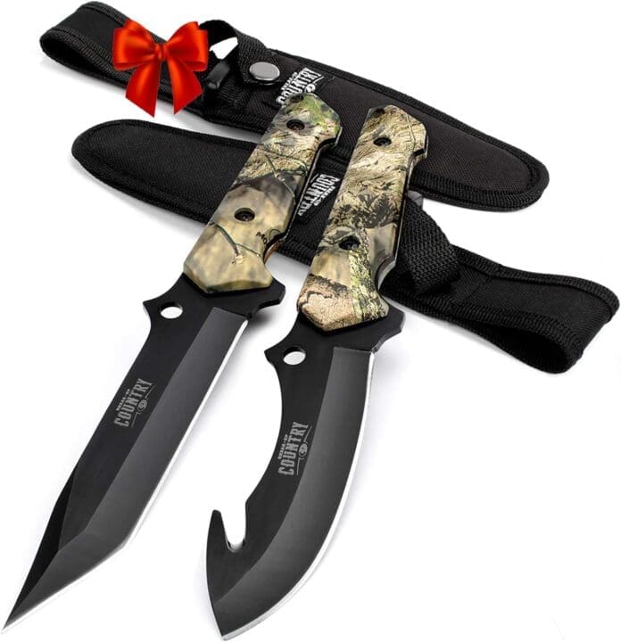 Mossy Oak Fixed Blade Hunting Knife Set 2 Piece, Full Tang Handle Straight Edge and Gut Hook Blades Game Processing Knife, Sheath Included Yellow Camo