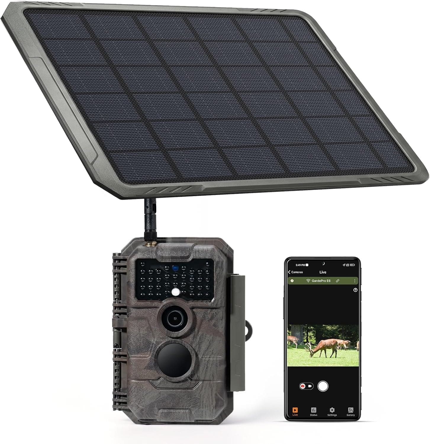 GardePro E6 WiFi Trail Camera (Non Cellular), 64MP Photos, 1296P HD Video, SP350 Solar Panel 5200mAh, App Control, No Glow Night Vision, Motion Activated