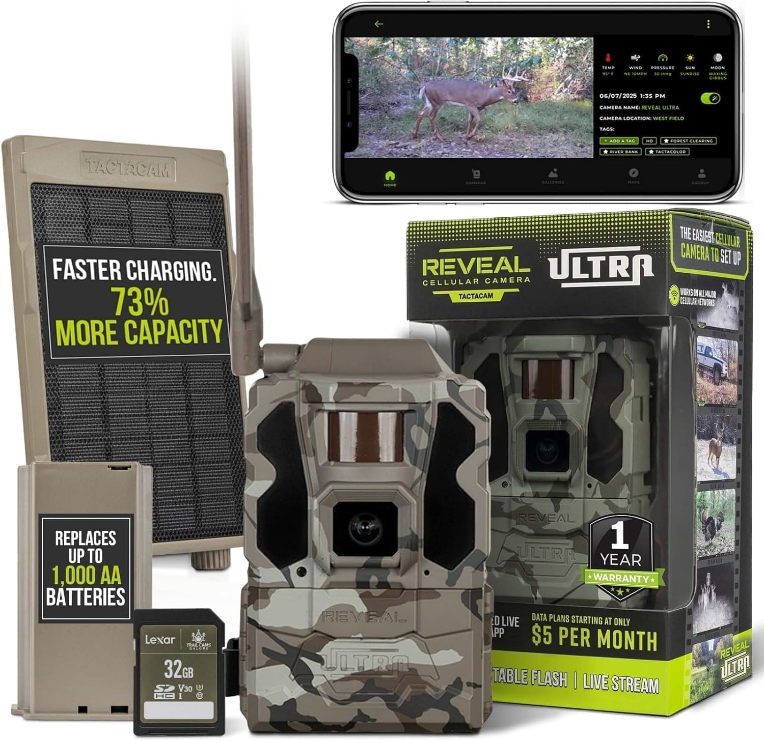 TACTACAM Reveal Ultra Cellular Trail Camera – 4K Photo, 1080P Video, Live Streaming, GPS, Low Glow No Glow Flash, LTE – Includes Solar Panel, Lipo Lithium Battery Pack, & 32GB SD Card