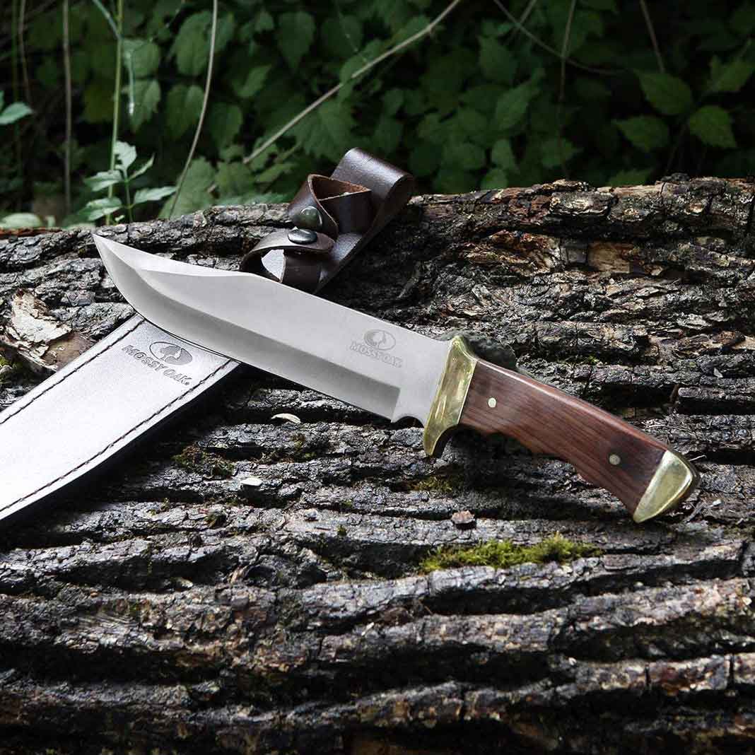 MOSSY OAK 14-inch Bowie Knife, Full-tang Fixed Blade Wood Handle with Leather Sheath