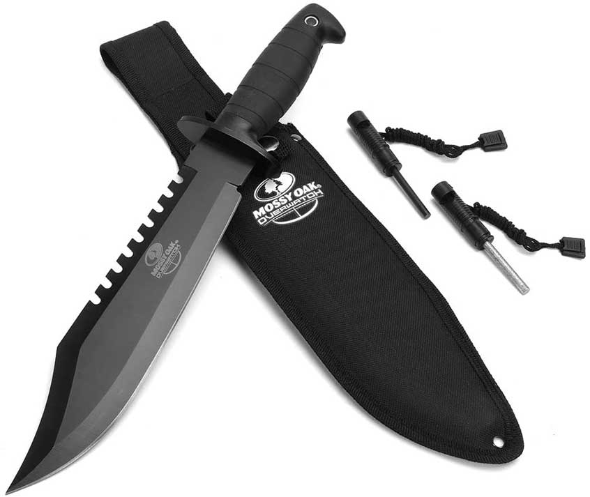 Mossy Oak Survival Knife, 15-inch Fixed Blade Hunting Bowie Knife with Sharpener and Fire Starter, for Camping, Tactical, Outdoor
