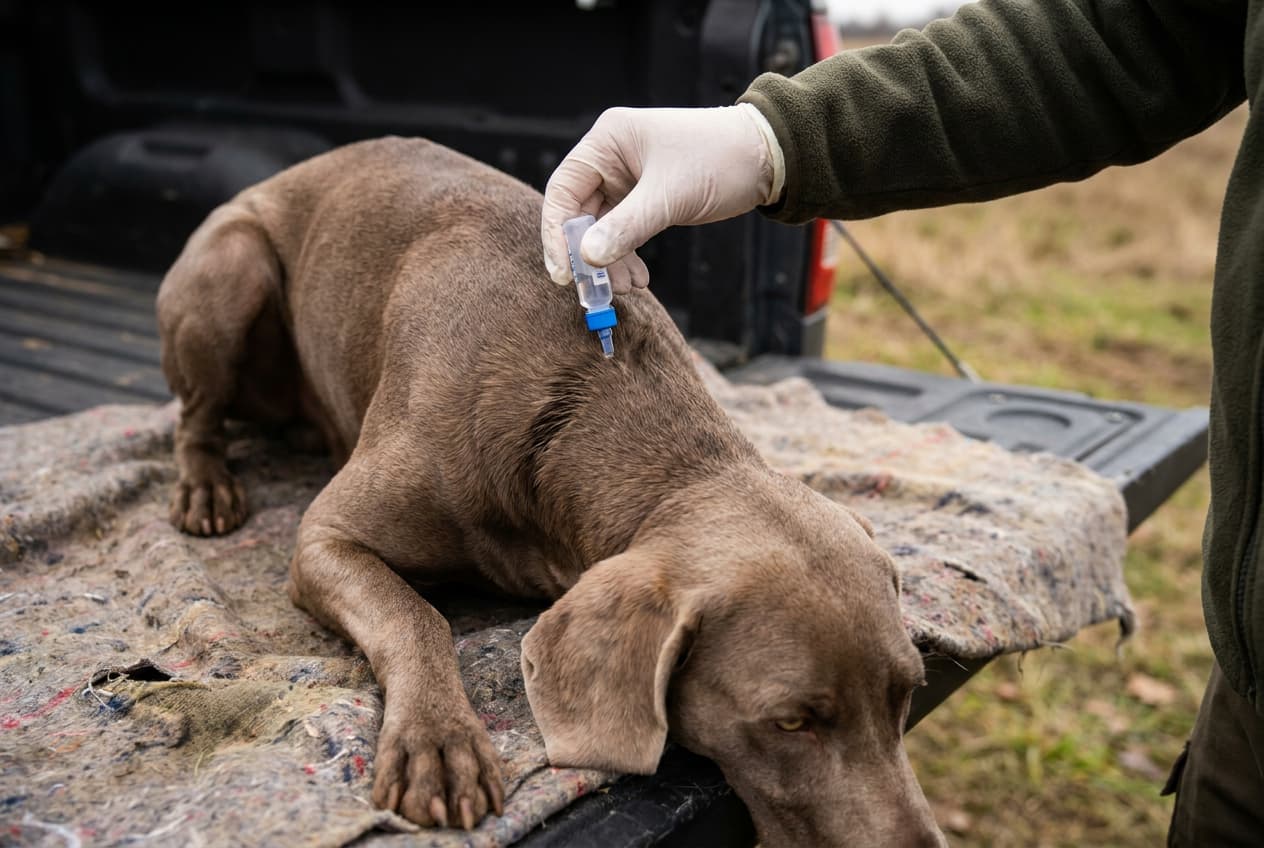 Applying a spot on flea and tick treatment between a hunting dog's shoulder blades