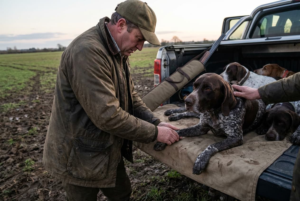 Checking a hunting dog's legs and joints for swelling and pain after a hunt