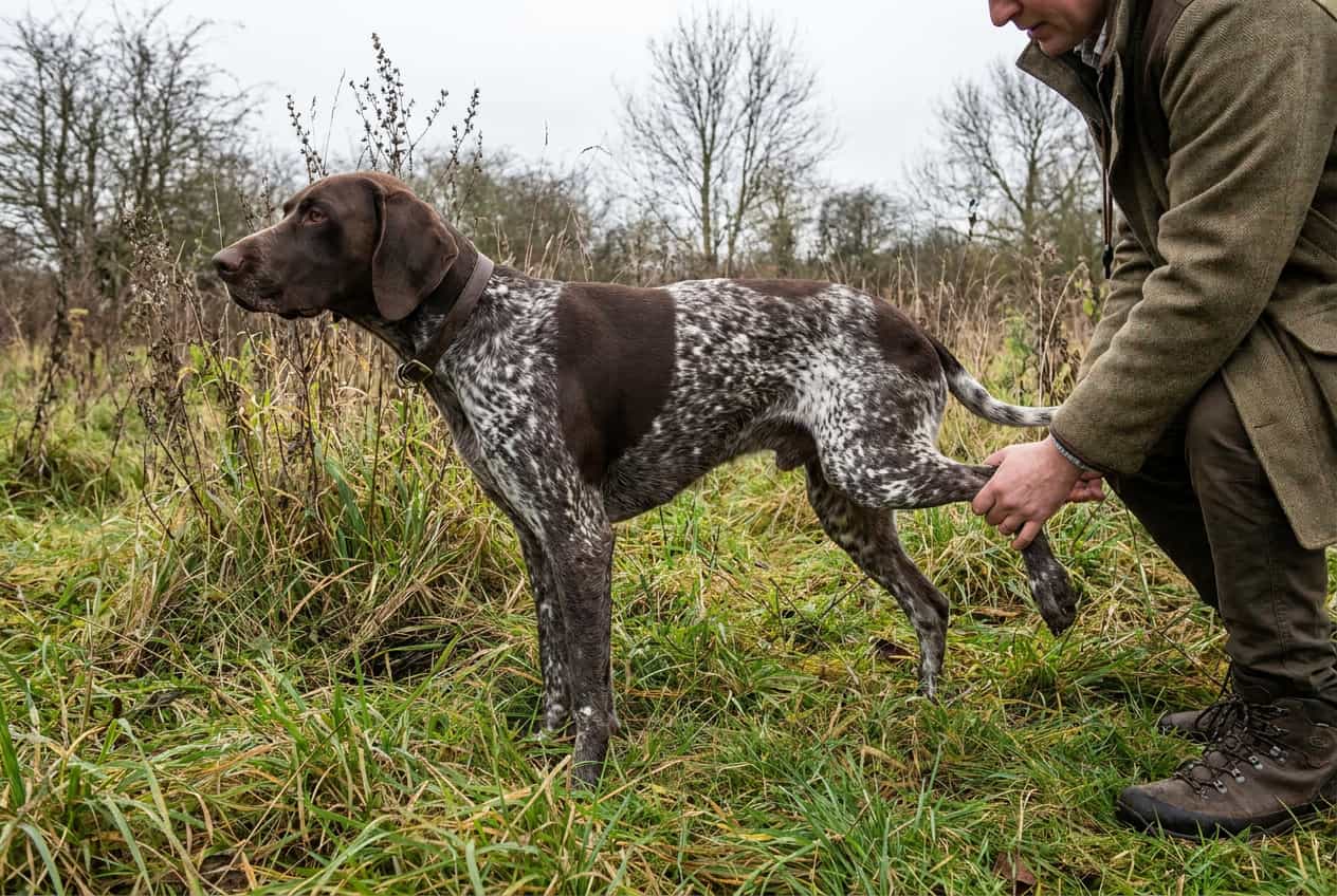 Hunting dog with a stiff back leg, a common early sign of Lyme disease in dogs(1)