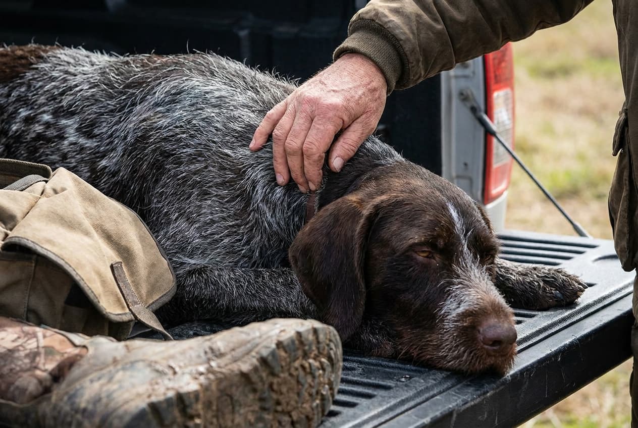 Running fingers through a hunting dog's coat during a post hunt tick check