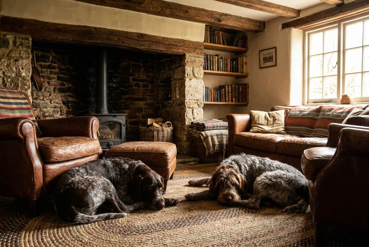 Two large hunting dogs in relaxing rustic home