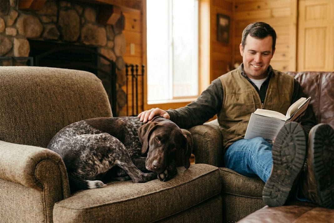 A cozy, documentary-style photo showing the same German Shorthaired Pointer (Beau) from the previous image, now relaxed and curled into a tight 'Velcro-pretzel' ball on a rustic armchair by a fireplace with its owner.