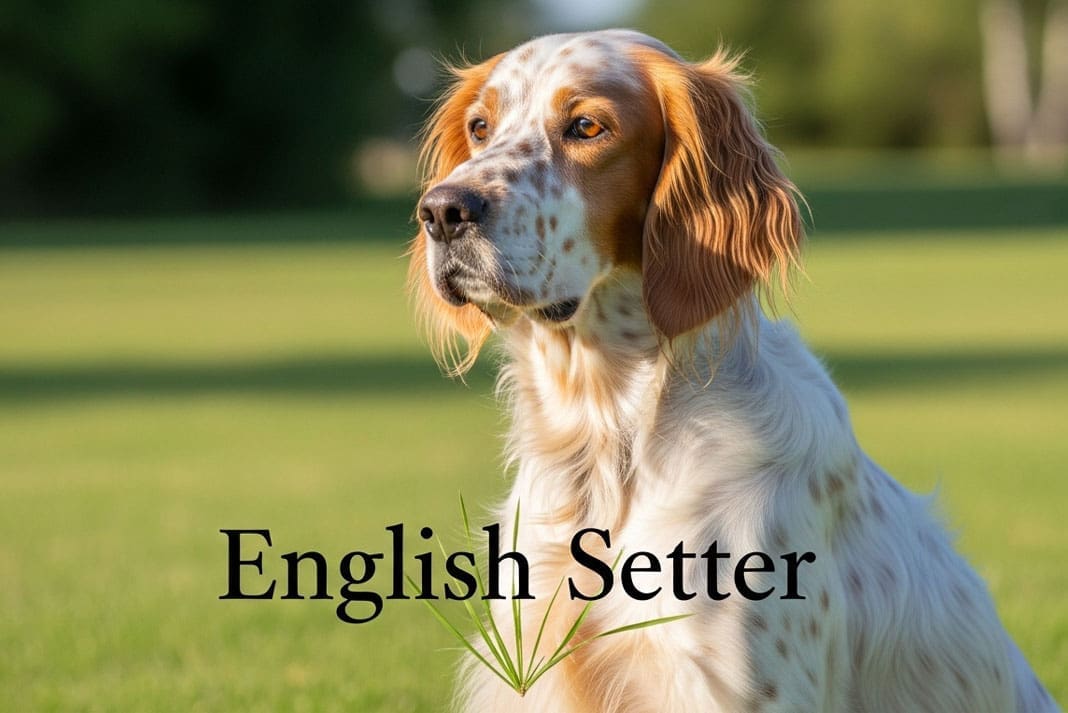 A long-haired English Setter with orange belton markings standing on a steady point in a wooded grouse covert.