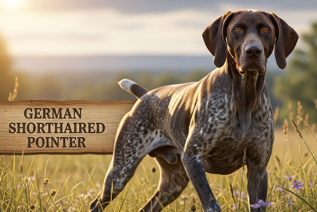 best bird dog breeds german shorthaired pointer A lean German Shorthaired Pointer standing alert in a grassy field during a pheasant hunt.