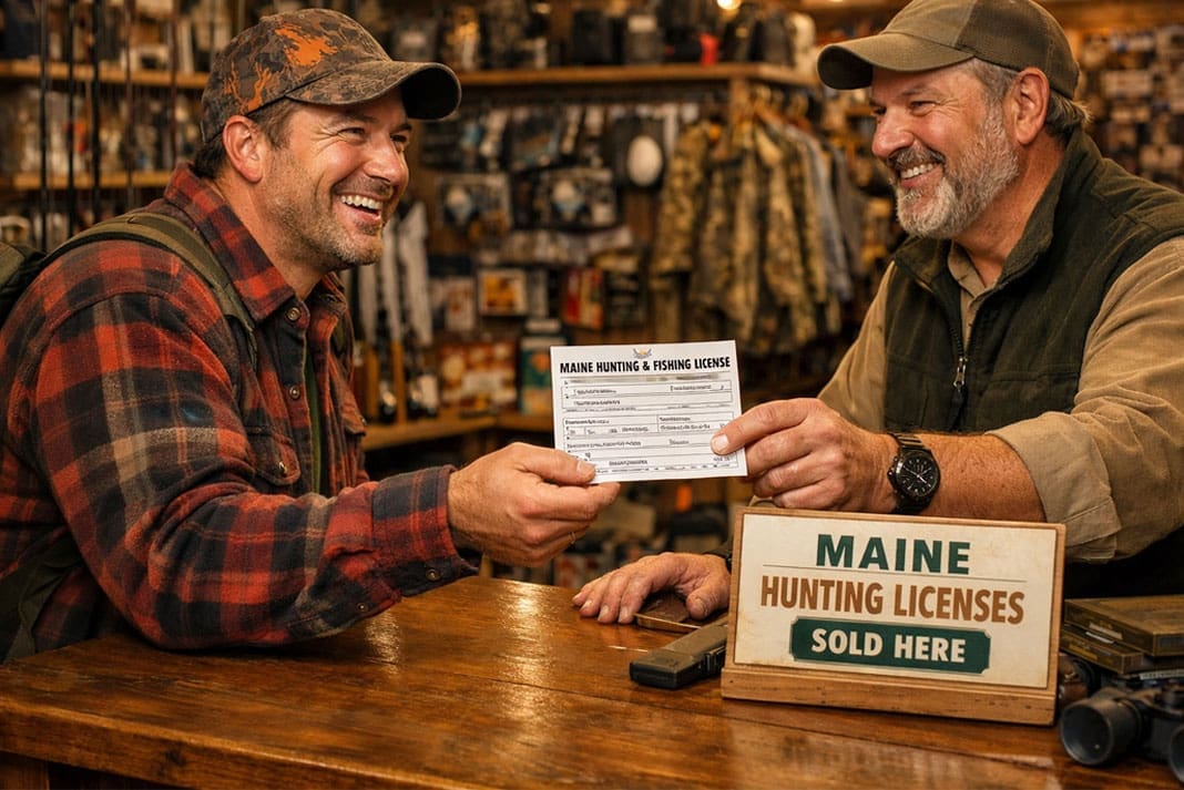Happy Hunter buying His Maine Hunting License at Sporting Goods Store