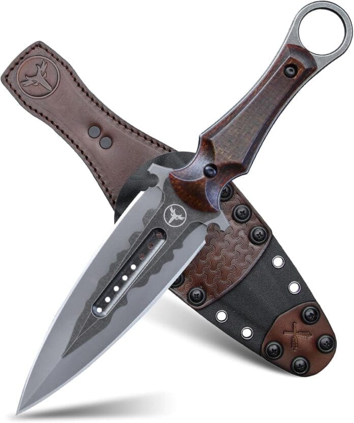 KUNAI Tactical Fixed Blade Knife, 5.4 Full Tang Double Edge Blade Battle Dagger Short Sword for Outdoor Survival, Hunting, EDC Camping Brown linen Tiger Stripe Blade