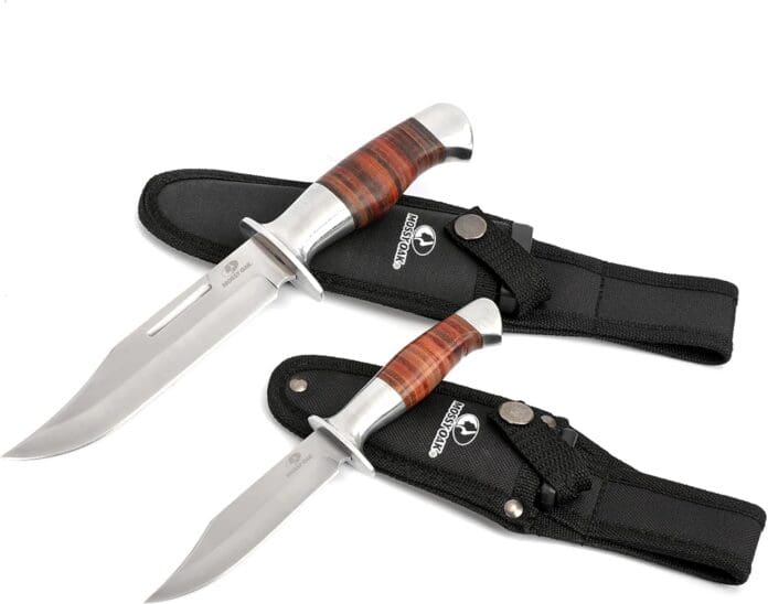 Mossy Oak Fixed Blade Bowie Knife, 2 piece Hunting Knife with Leather Handle Featuring Laser Pattern, Sheath Included