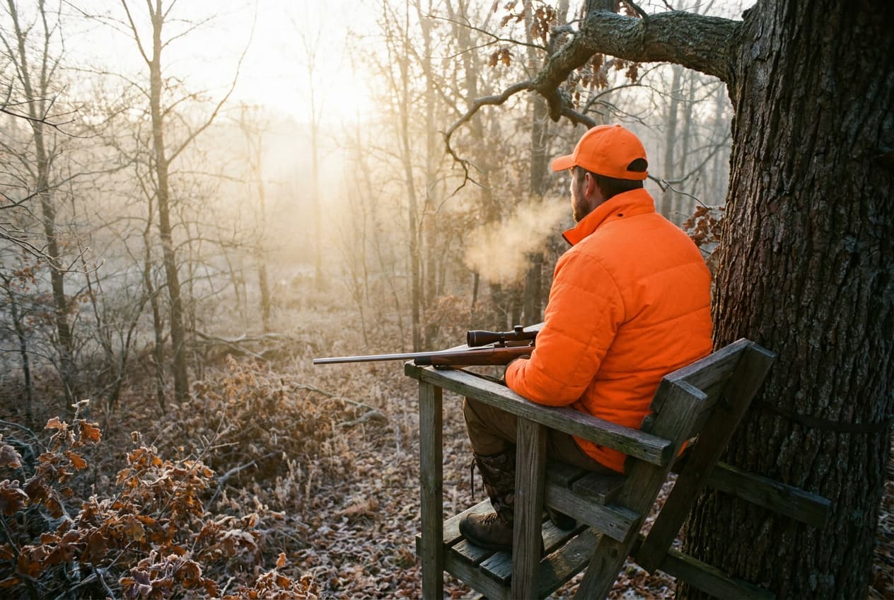 minnesota deer opener 2026 tree stand Deer hunter in blaze orange on a tree stand during Minnesota's 2026 firearms opener at sunrise
