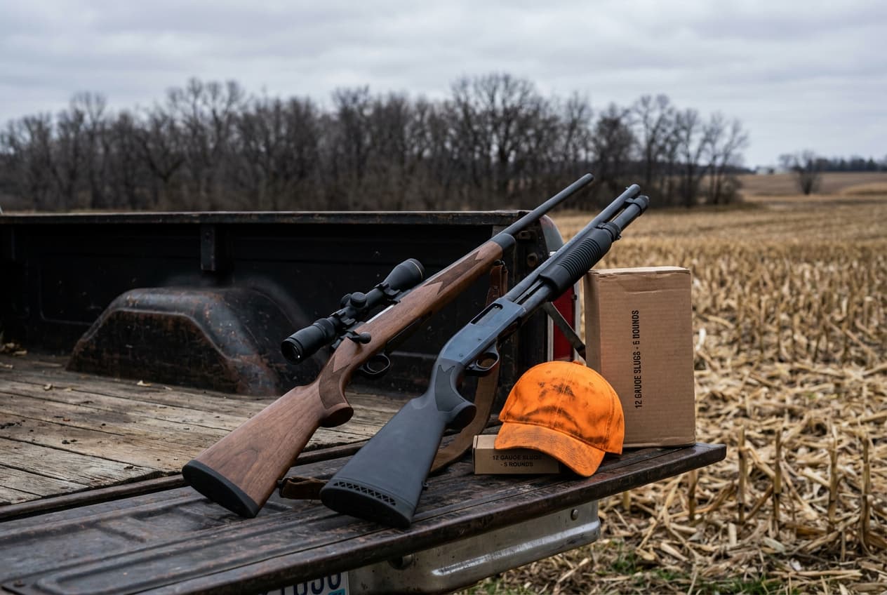 Rifle and slug shotgun on a truck tailgate in southern Minnesota farmland after the shotgun zone repeal Rifle and slug shotgun on a truck tailgate in southern Minnesota farmland after the shotgun zone repeal