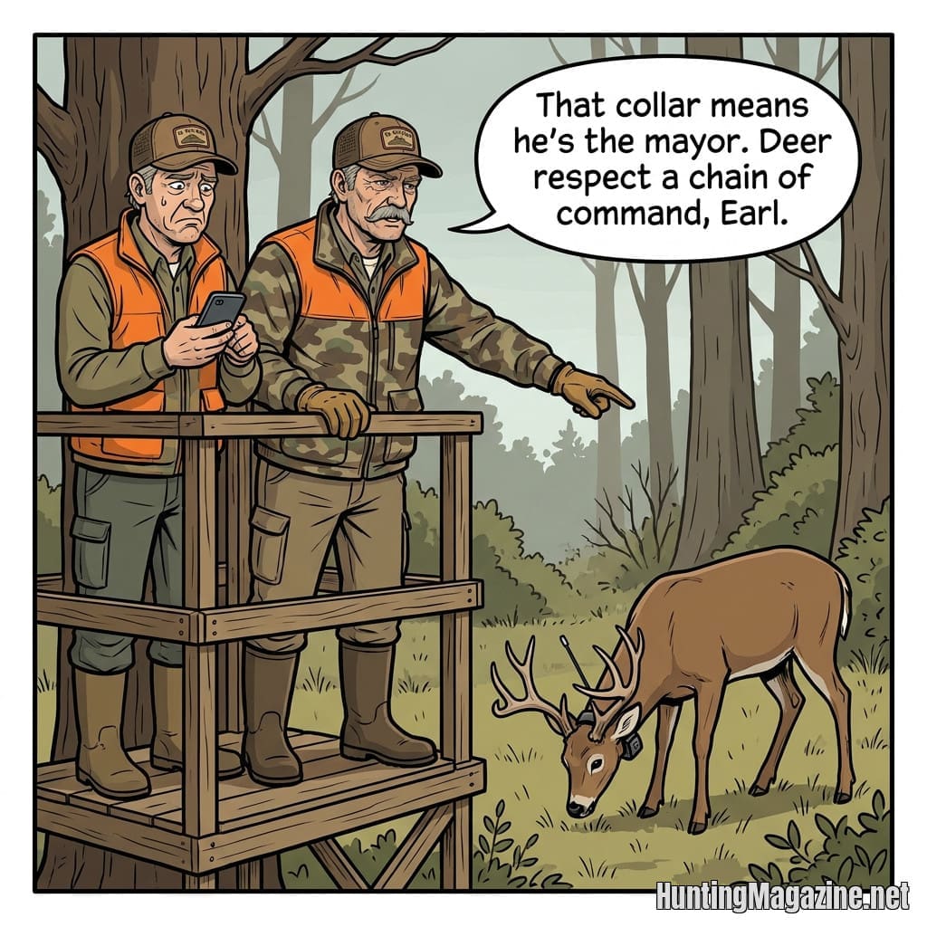 That collar means he's the mayor. Deer respect a chain of command, Earl. - Ol' Rutgers deer hunting cartoon