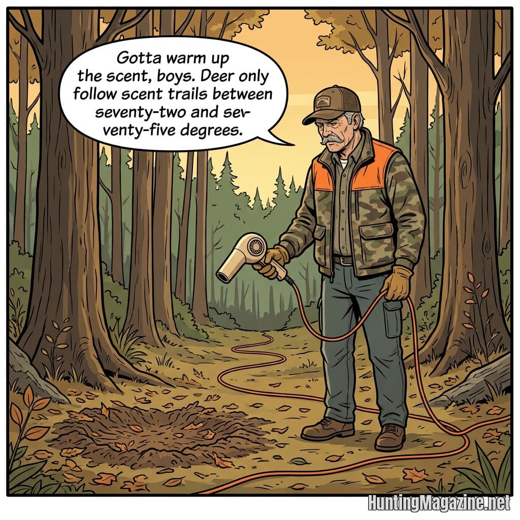 Gotta warm up the scent, boys. Deer only follow scent trails between seventy-two and seventy-five degrees. - Ol' Rutgers deer hunting cartoon