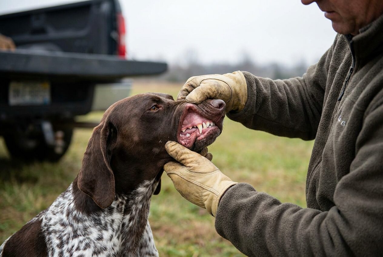 Checking a hunting dog's gums for pale color, a warning sign of tick borne anemia