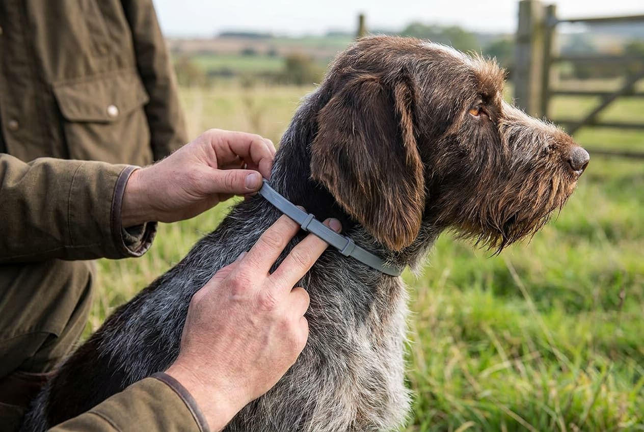 Fitting a flea and tick collar on a hunting dog with two fingers of space