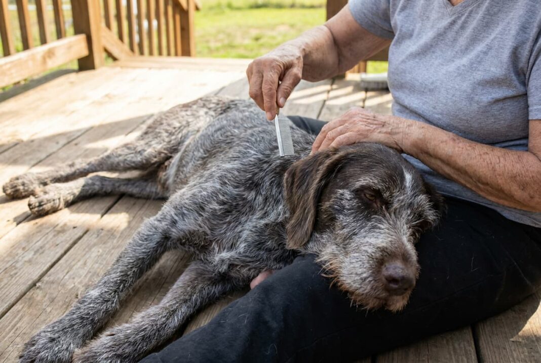 Gentle flea combing for a senior hunting dog