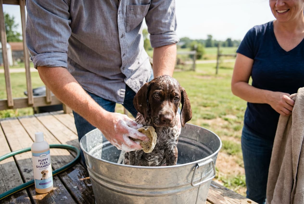 Giving a hunting dog puppy its first flea bath