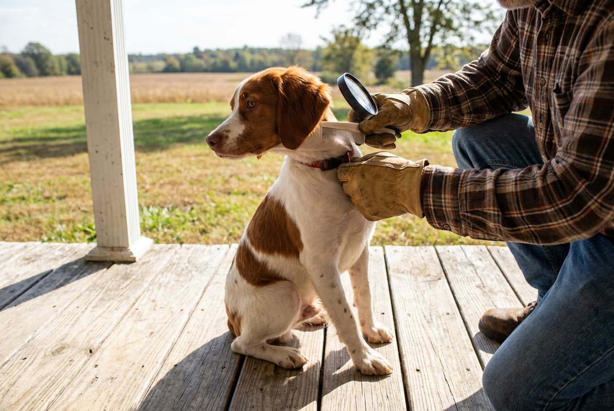 Hunting dog puppy being checked for fleas and ticks