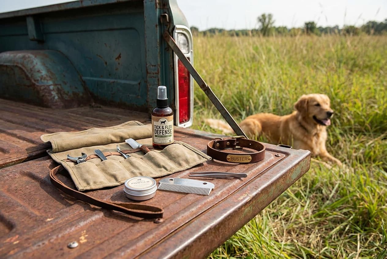 Hunting dog tick and flea field kit laid out on a truck tailgate Hunting dog tick and flea field kit laid out on a truck tailgate