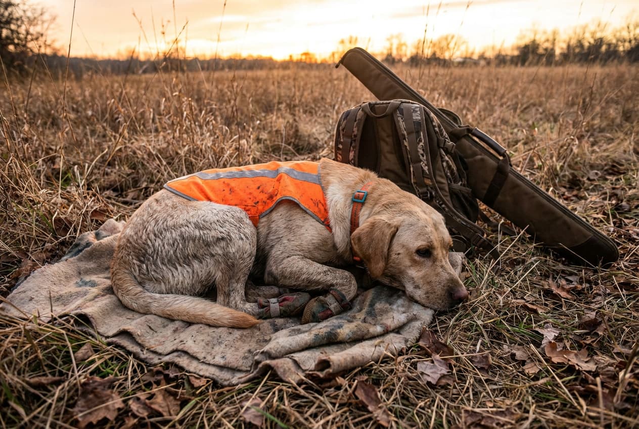 Outdoor hunting dog protected with flea and tick gear after a day in the field Outdoor hunting dog protected with flea and tick gear after a day in the field