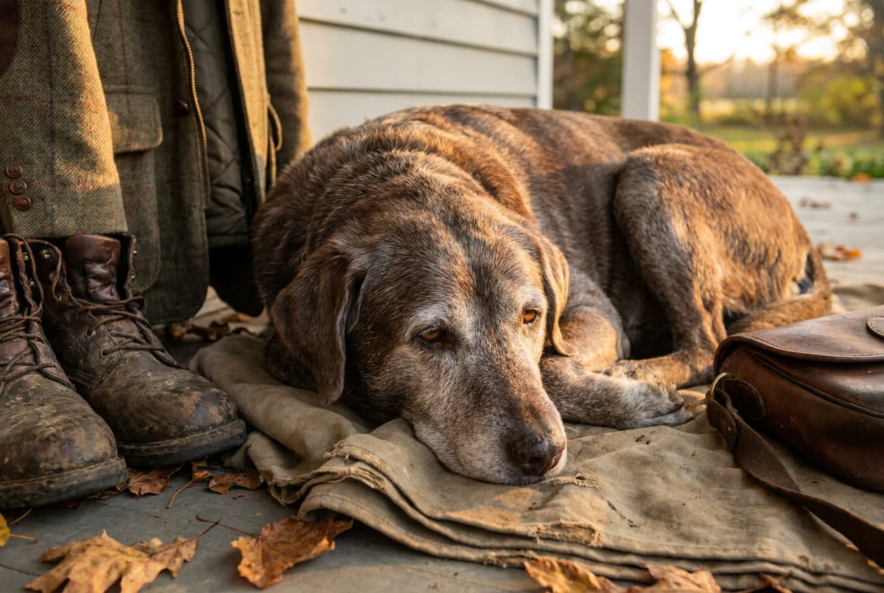 Senior hunting dog with a gray muzzle resting after a hunt