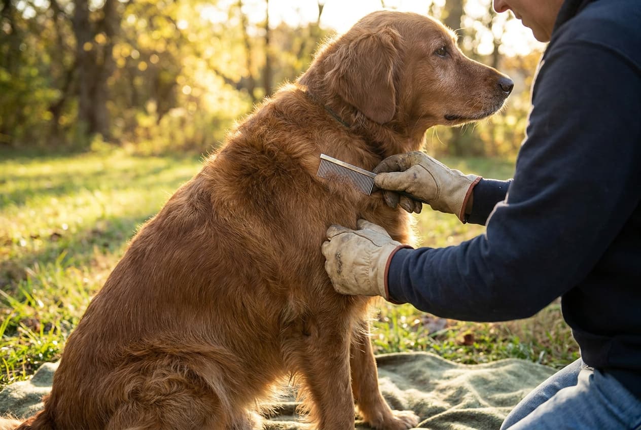 Using a metal flea and tick comb on a double coated hunting dog Using a metal flea and tick comb on a double coated hunting dog