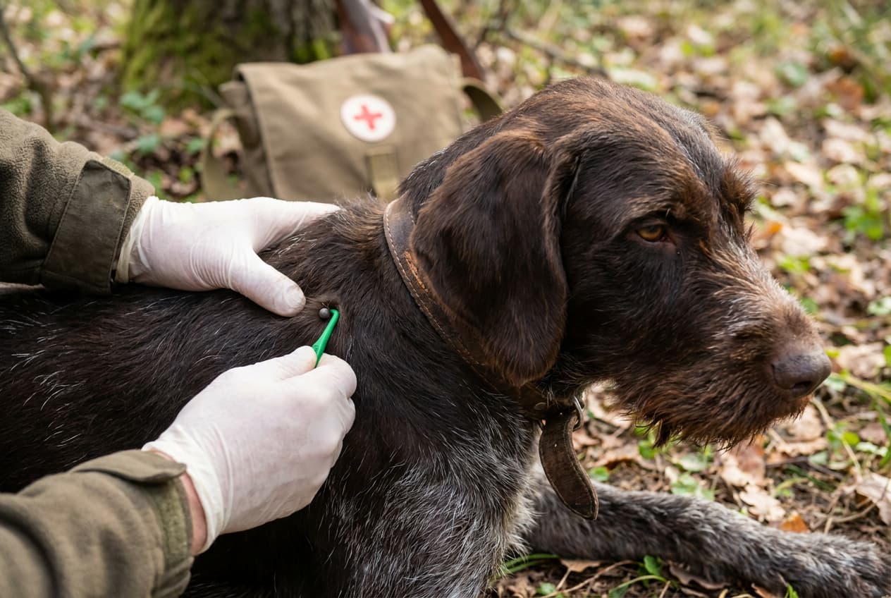 Using a tick hook to remove a tick from a hunting dog's coat Using a tick hook to remove a tick from a hunting dog's coat