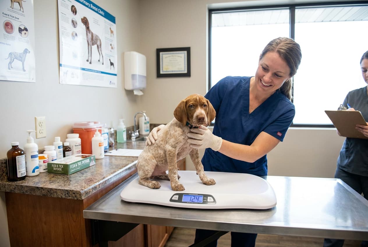 Veterinarian weighing a hunting breed puppy before flea and tick treatment