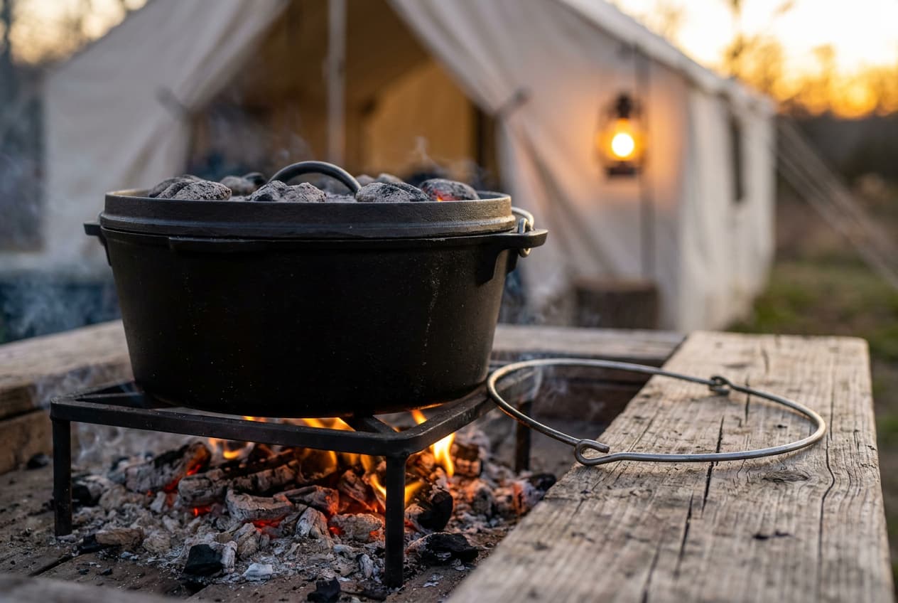 10 QT cast iron camping Dutch oven on its stand over hot coals at deer camp