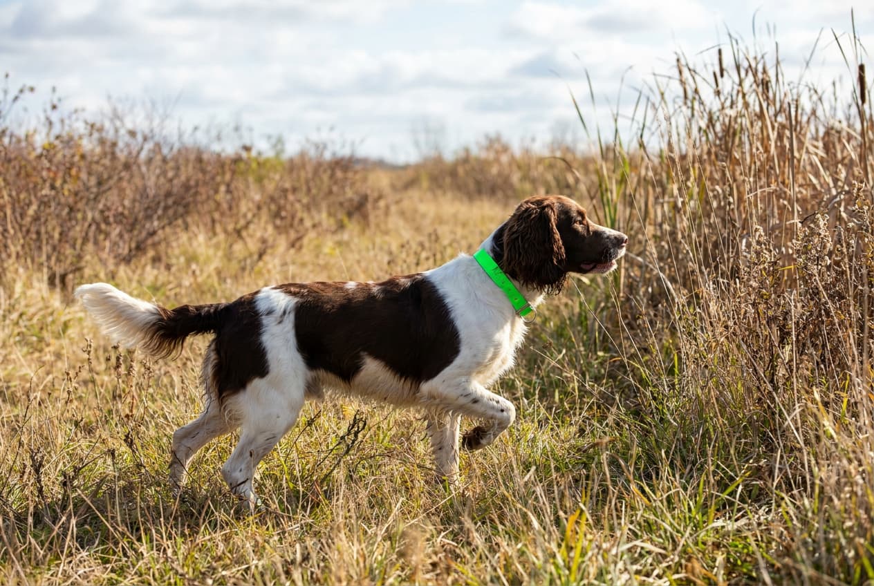 Female Hunting Dog on Point in Field wearing Neon Green Hunting Dog Collar Female Hunting Dog on Point in Field wearing Neon Green Hunting Dog Collar