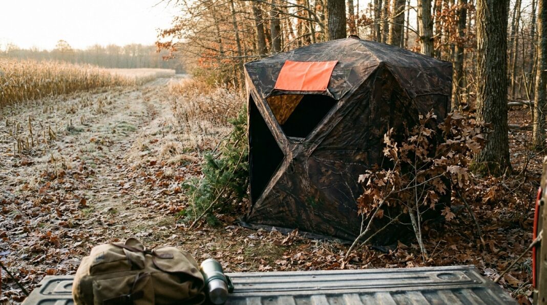 Camo hub-style deer hunting ground blind with a blaze orange roof panel at a frosty field edge in fall